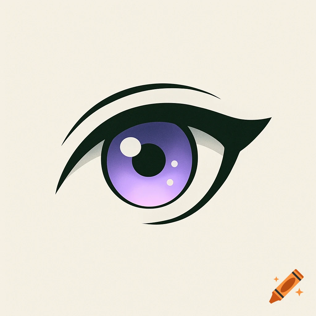 Minimalist anime eye logo with a light purple iris, dark pupil, and dark green surrounding, on a light background.