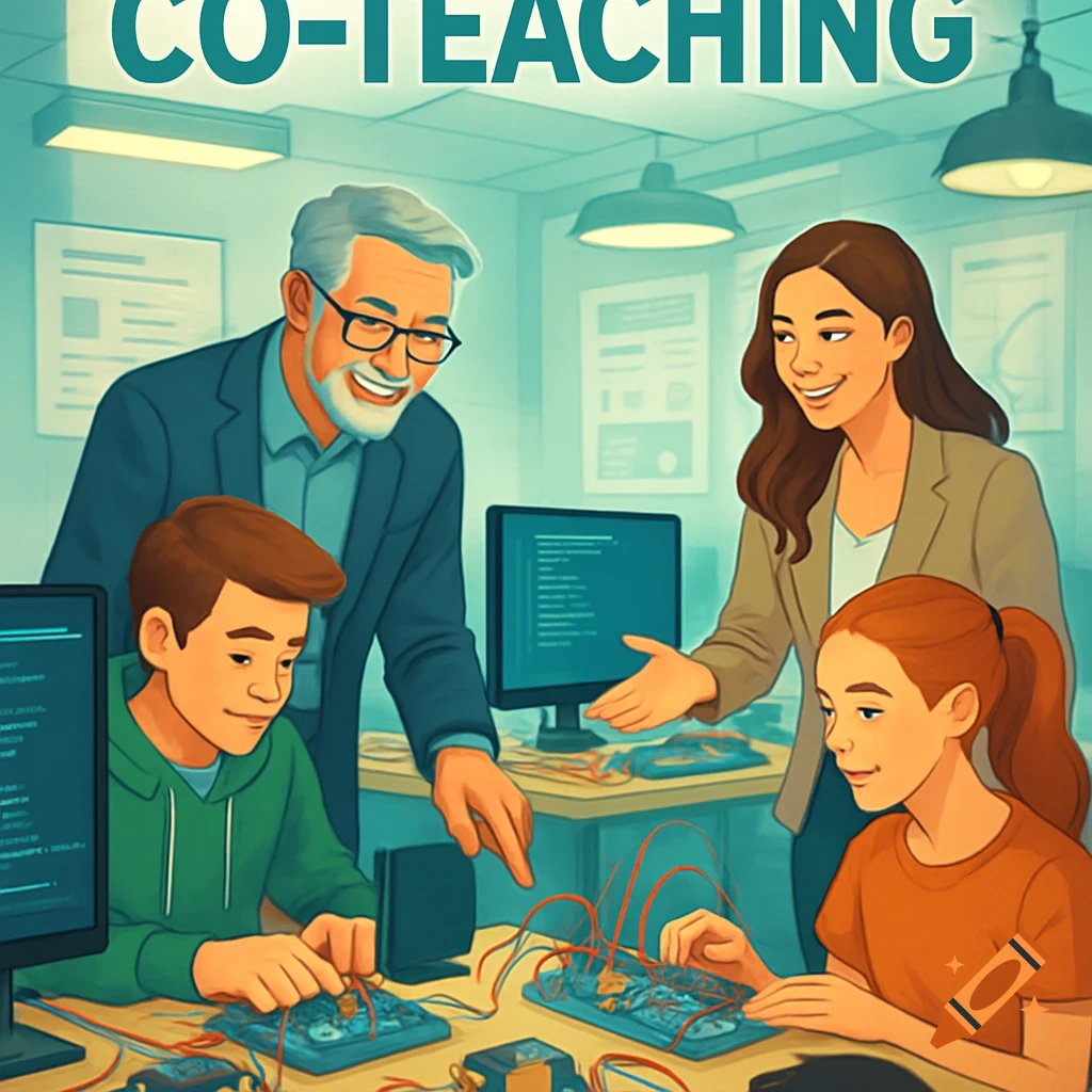 Illustration of two teachers helping two students program electronic boards in a classroom, with 'CO-TEACHING' at the top.
