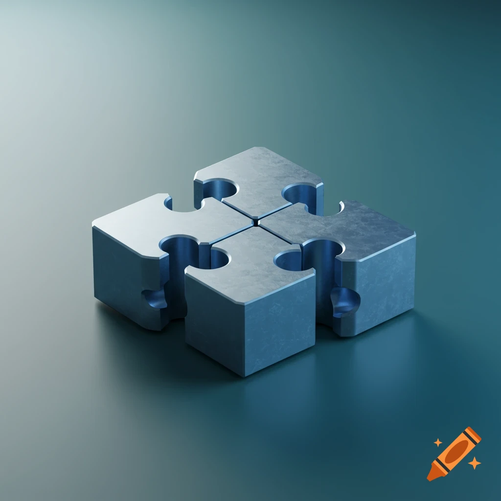 Four interconnected metallic puzzle pieces forming a square shape on a teal surface, with a soft light from the top left.