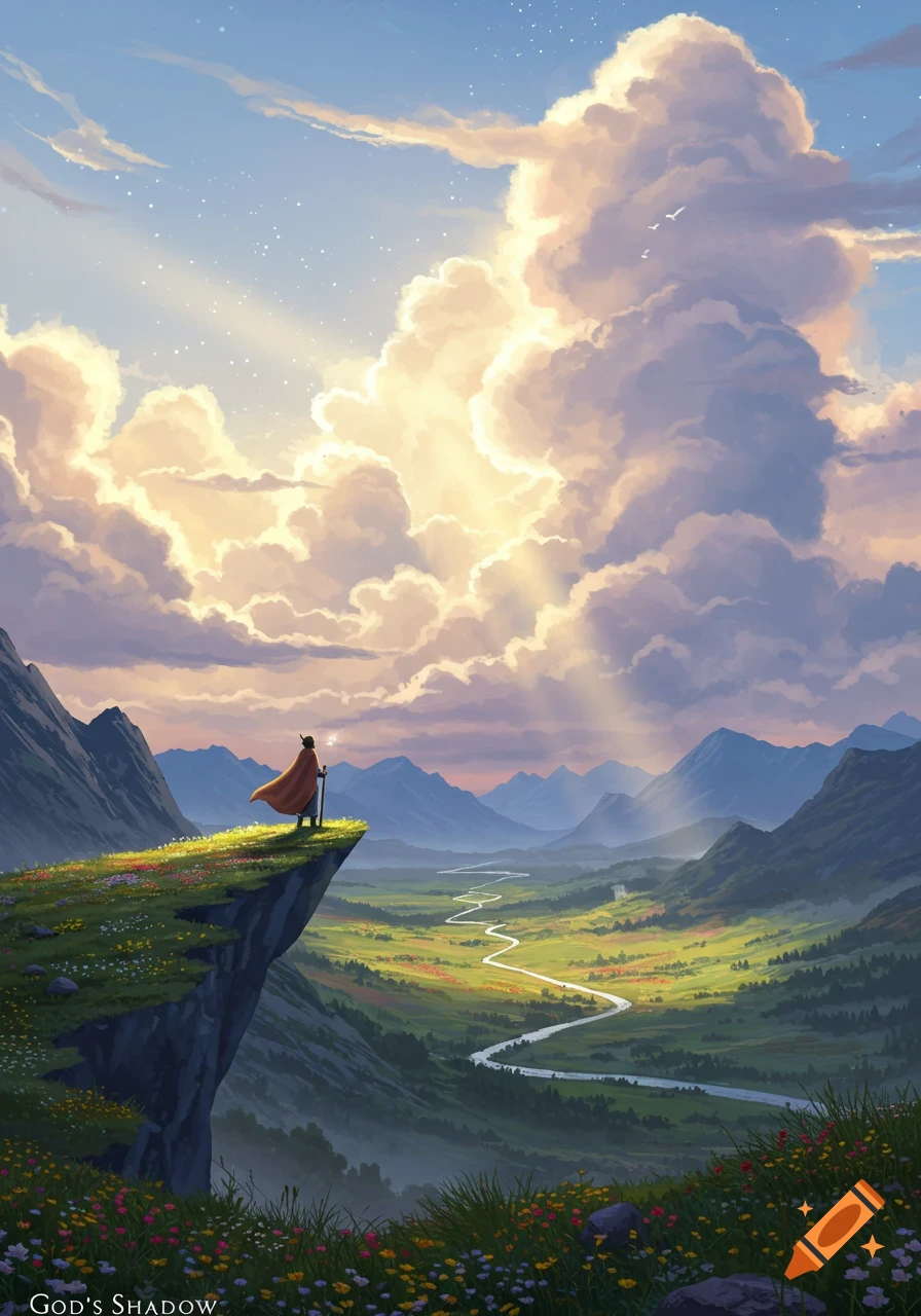 A person in a red cloak stands on a cliff, overlooking a vast, lush valley with a winding river under a sky of dramatic, sunlit clouds.