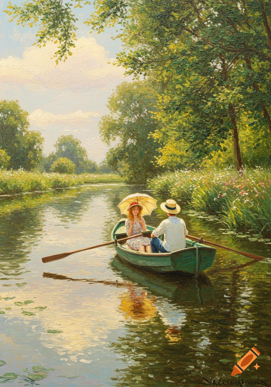 Impressionistic painting of a couple in a green rowing boat on a serene river, surrounded by lush trees and wildflowers under a sunny sky.
