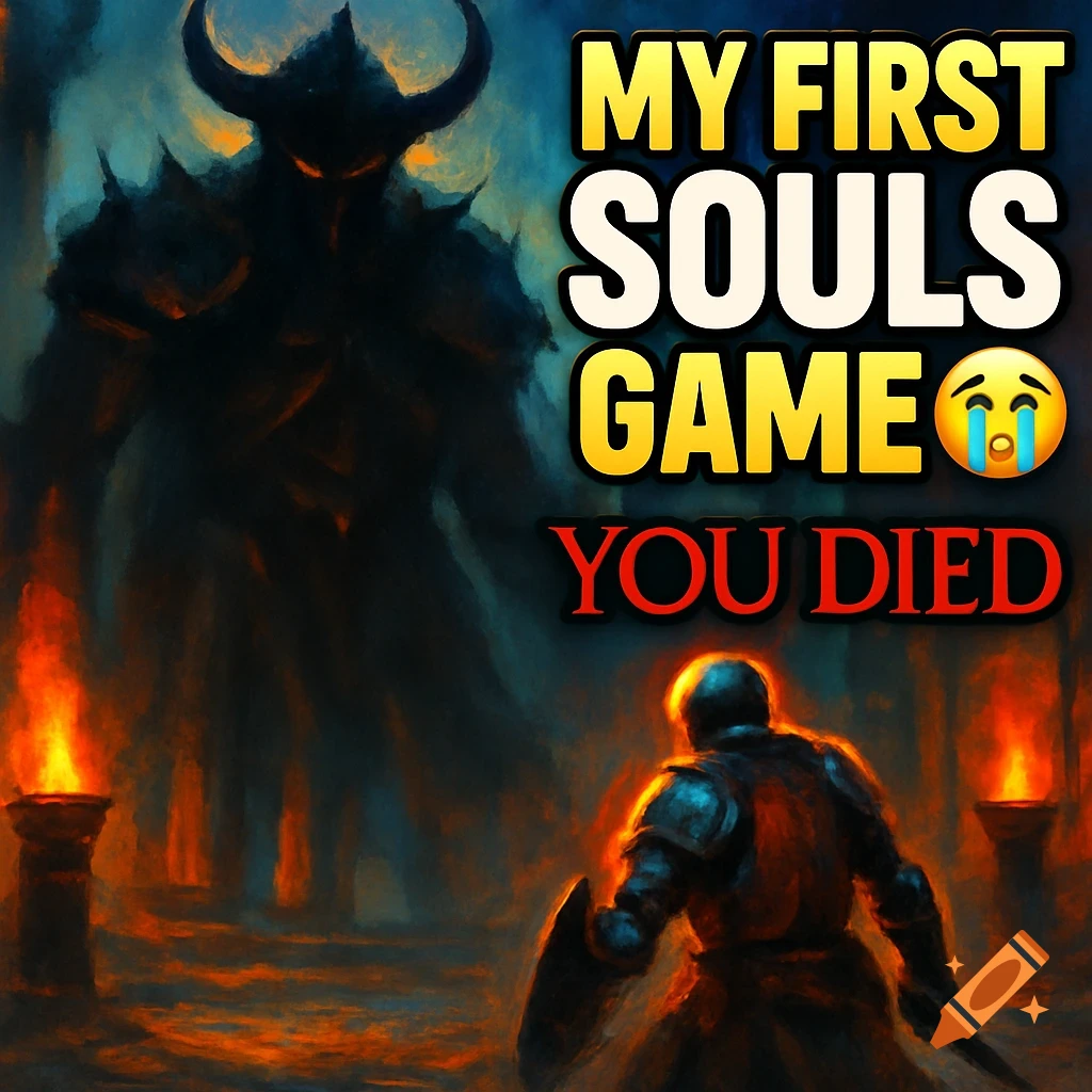 A small armored knight faces a giant, shadowy horned demon boss in a dark, fiery arena. Text reads 'MY FIRST SOULS GAME "crying face emoji" YOU DIED'.