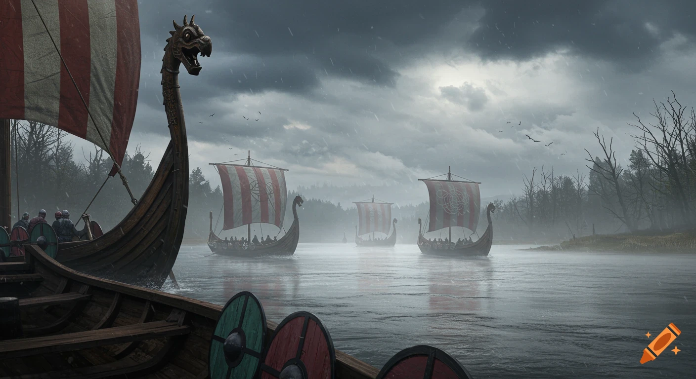 A fleet of Viking longships with striped sails navigates a misty river under a stormy sky, flanked by bare trees.