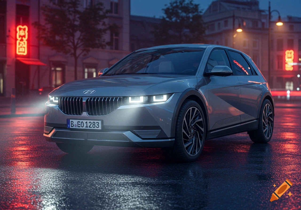 A gray Hyundai Ioniq 5 with a BMW grille on a wet city street at night, illuminated by headlights and red neon signs.