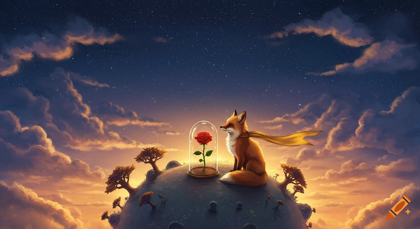 Illustrated scene of a fox and a rose in a dome on a tiny planet under a starry, cloudy sky, reminiscent of The Little Prince.