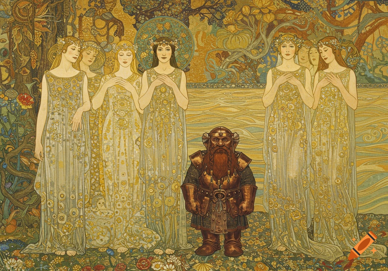 Art nouveau illustration of a dwarf in armor among six women in golden gowns, surrounded by ornate floral patterns.