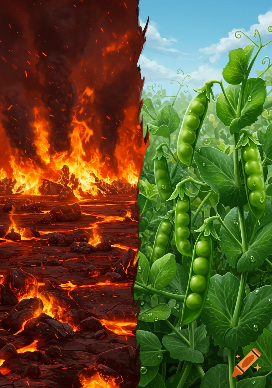 A vibrant split image depicting a hellish landscape of fire and lava on the left, and a thriving green pea plant field on the right.