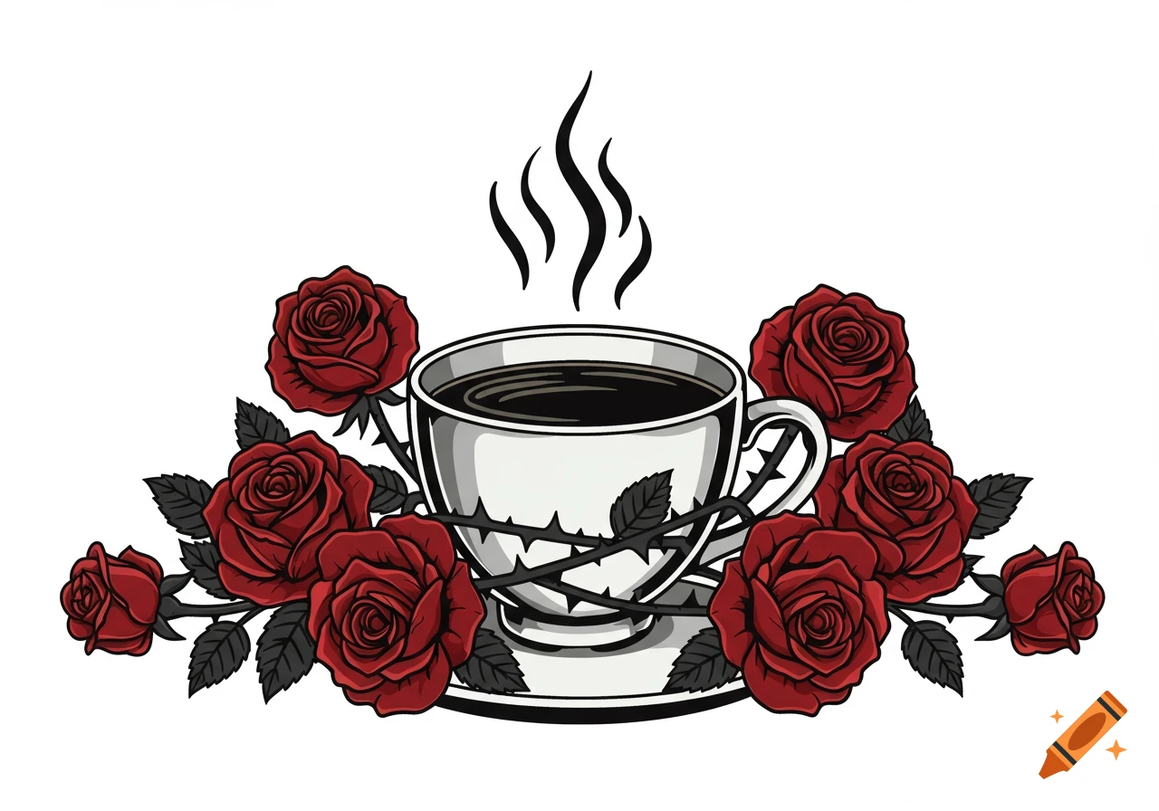 A stylized illustration of a white coffee cup with steam, surrounded by dark red gothic roses and thorny vines.