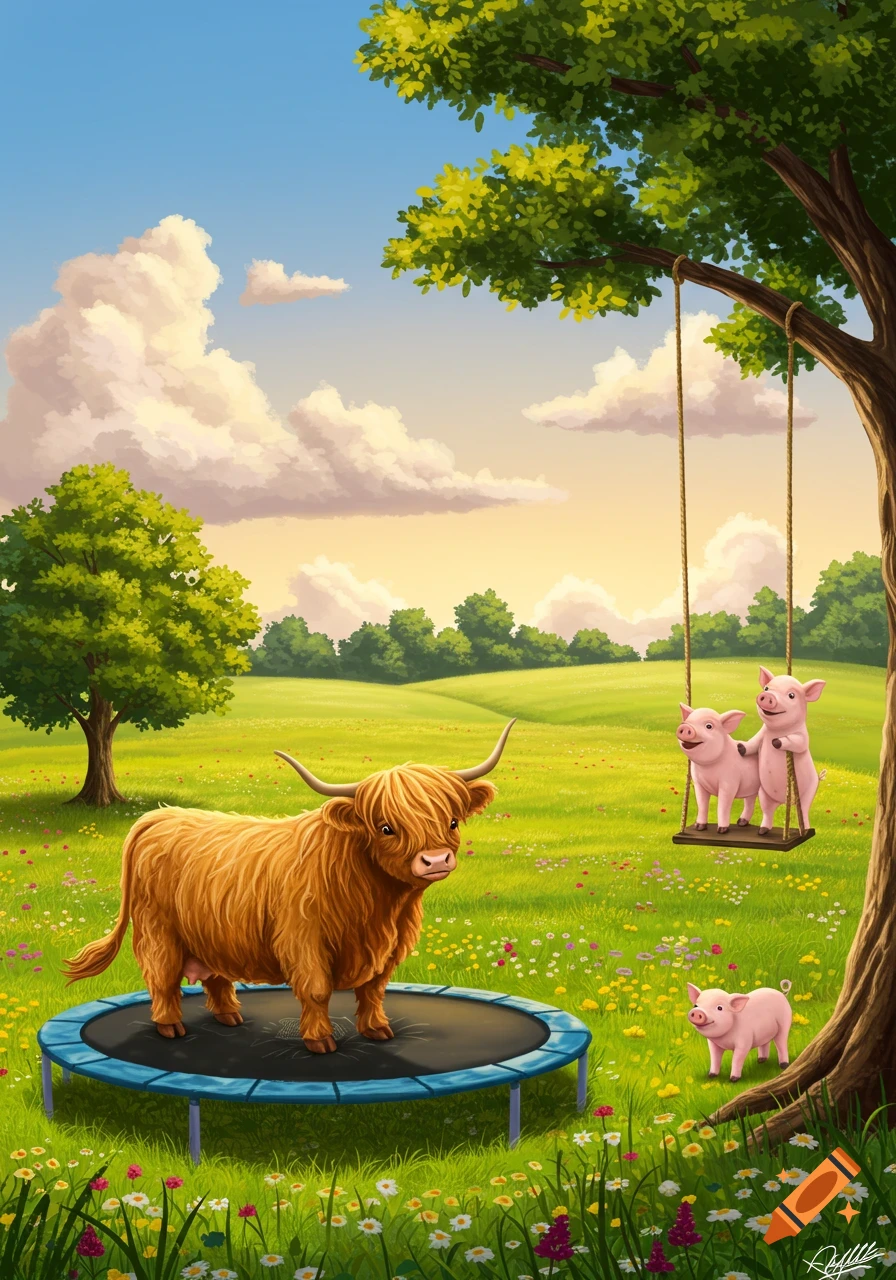 Illustrated scene with a Highland cow on a trampoline and two pigs on a swing in a sunny, green field with trees.