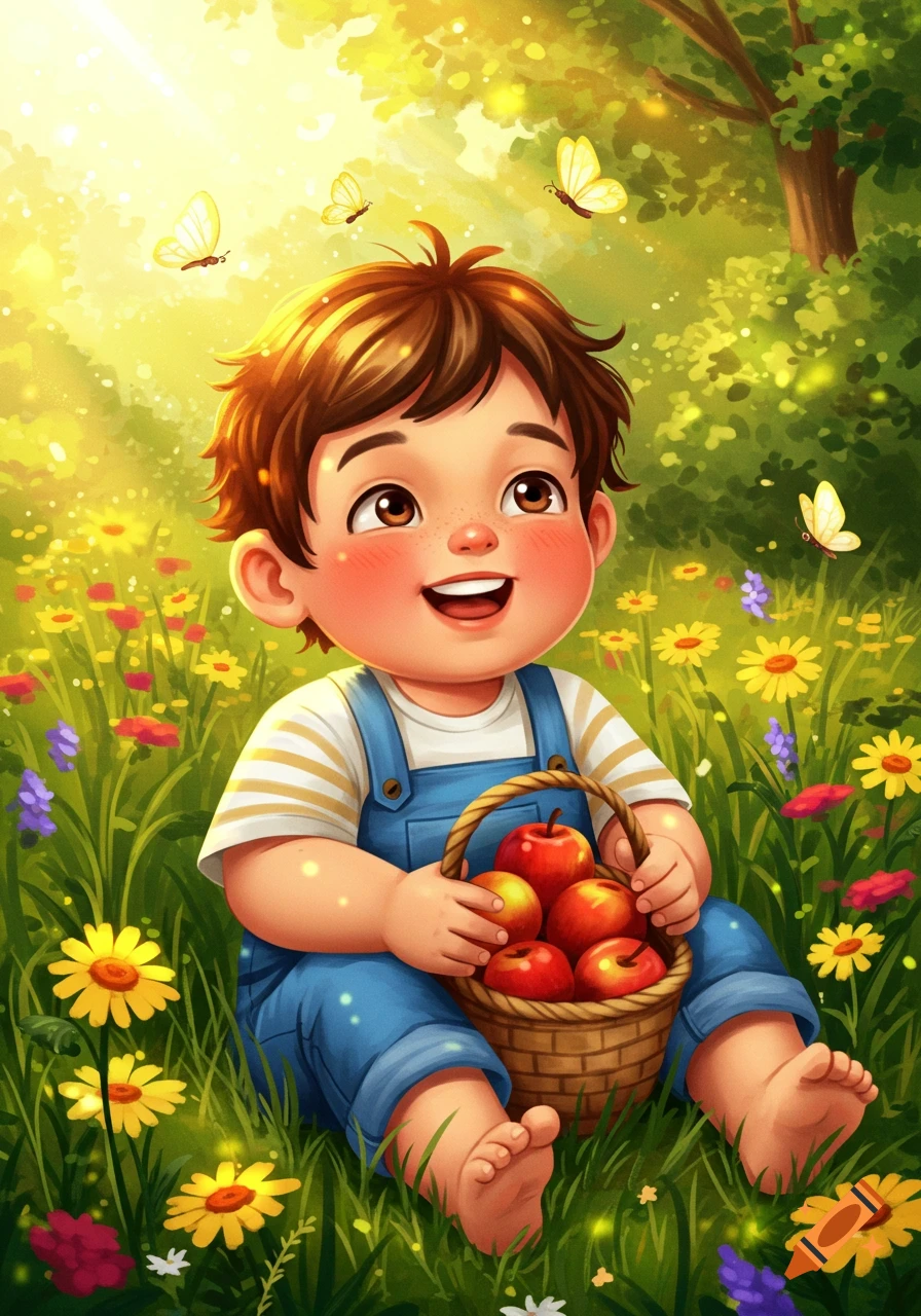 A happy cartoon boy with brown hair sits in a sunny flower field, holding a basket of red apples, with butterflies flying around.