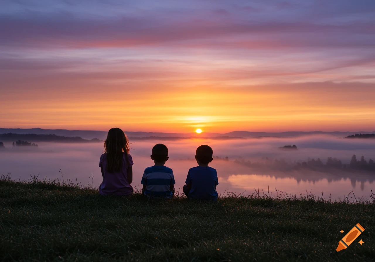 Three children sit on a grassy hill, backs to viewer, watching a vibrant orange and purple sunrise over a misty landscape.