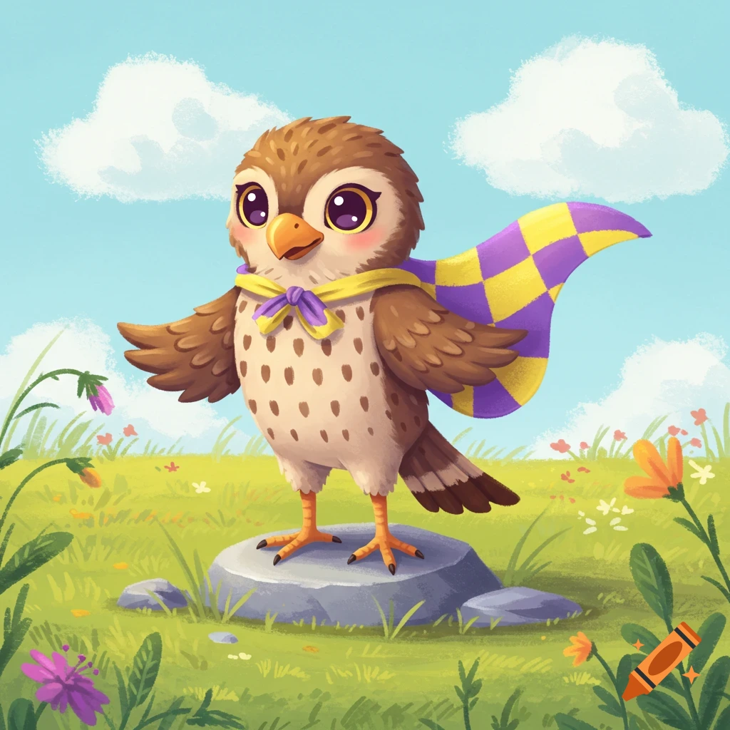 A cute, cartoon owl-like bird wearing a purple and yellow checkered cape and yellow scarf, standing on a rock in a grassy field under a blue sky.