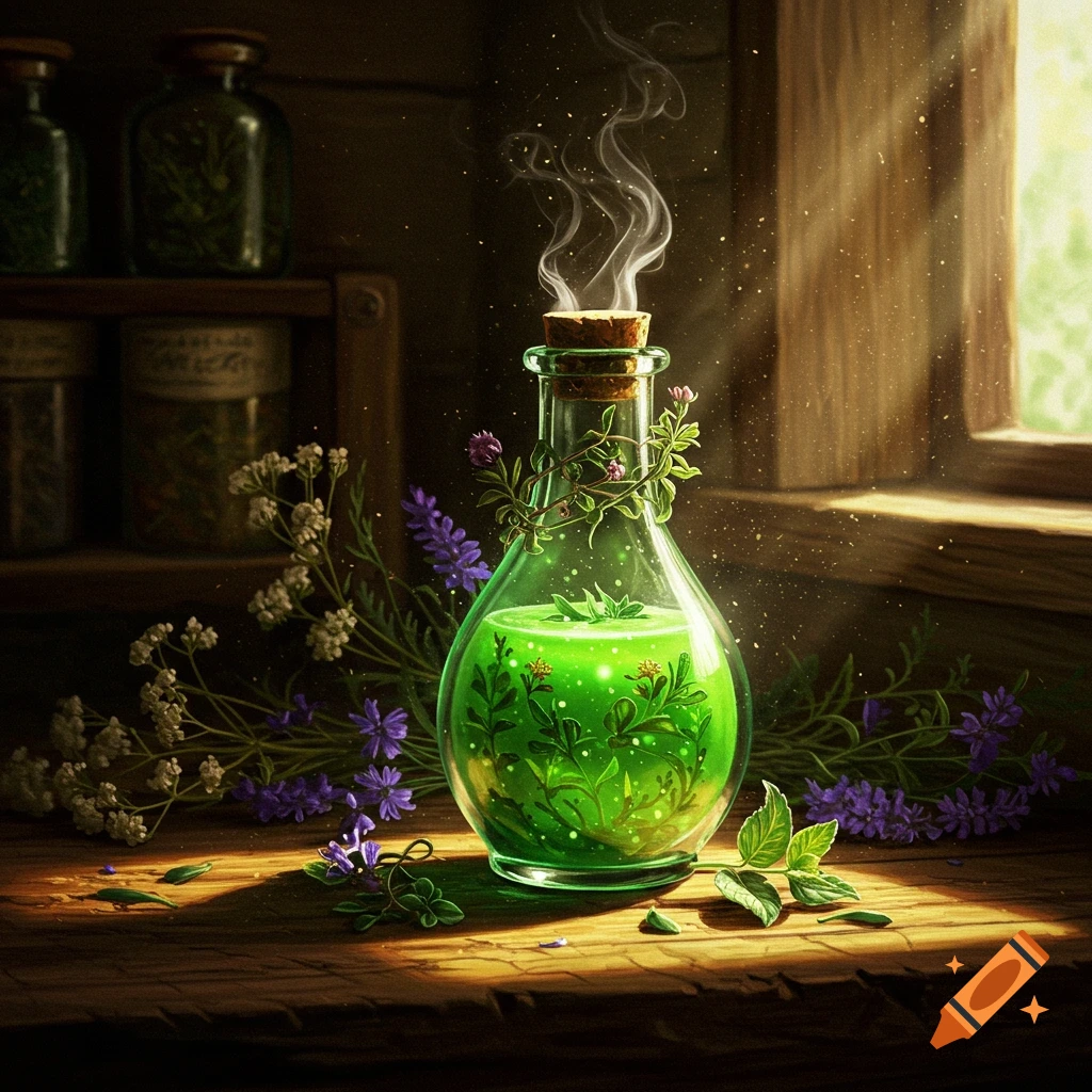 A glowing green herbal potion in a glass bottle, surrounded by lavender and herbs on a rustic wooden table with sunlight.