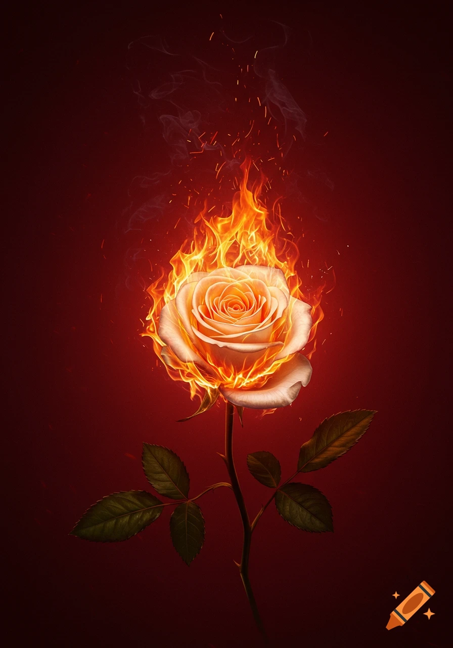 A single light orange rose with green leaves engulfed in flames, with smoke and embers rising, set against a dark red background.