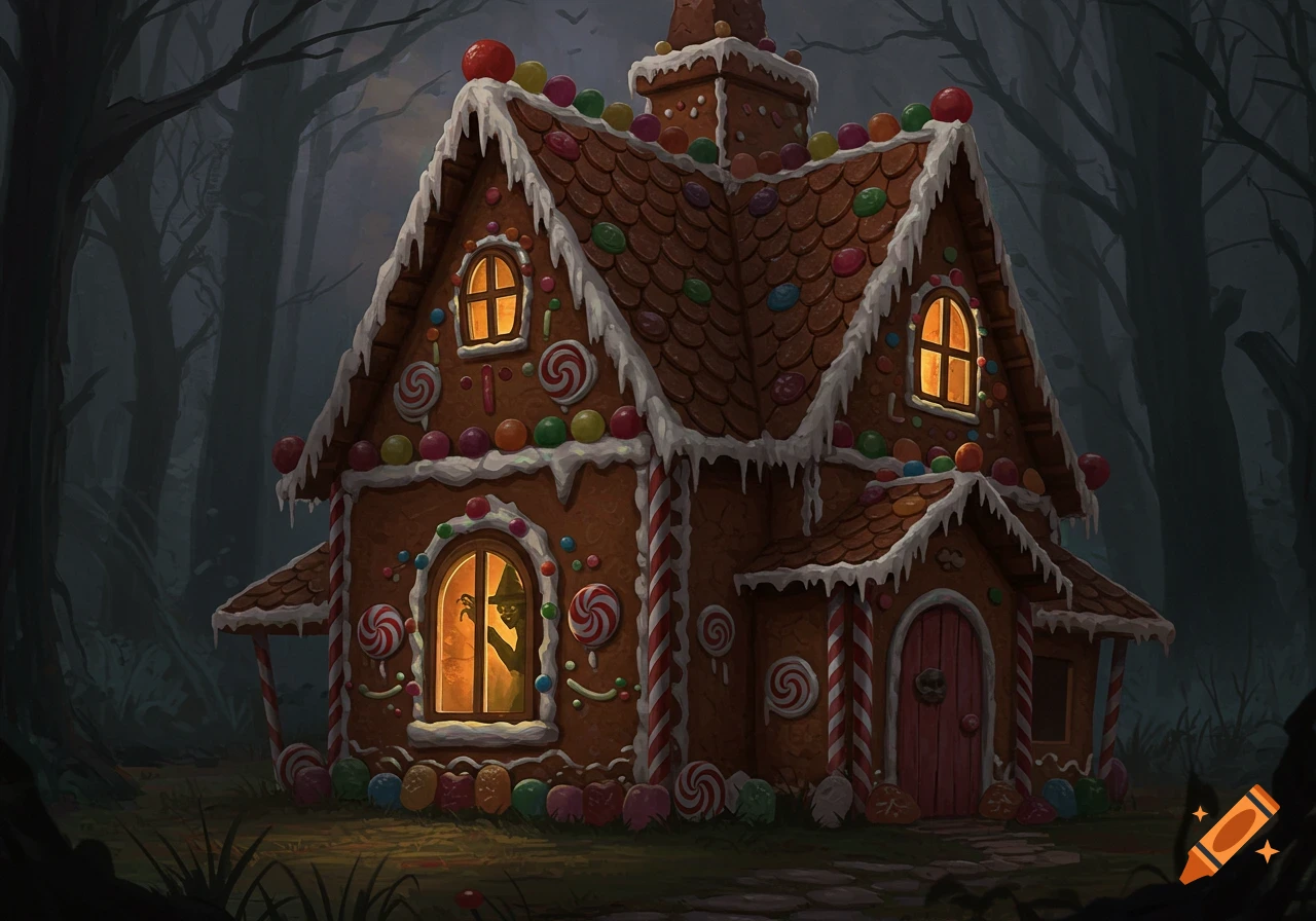 A painted gingerbread house, decorated with candy, stands in a dark forest, with a witch's silhouette in a lit window.