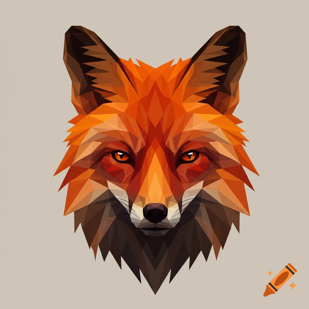 A geometric low-poly fox head, composed of orange, brown, and black triangles, on a light background.