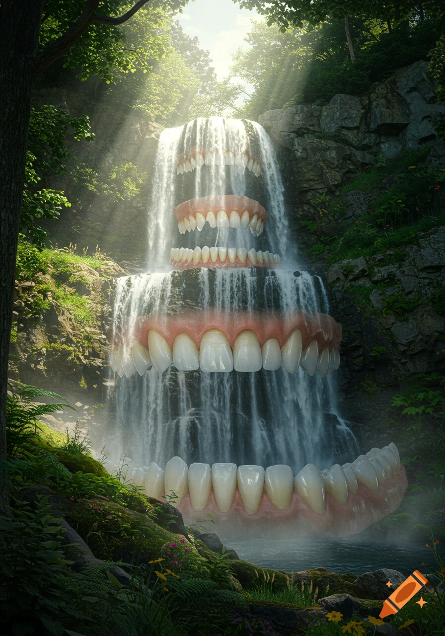 Photorealistic surreal image of a lush forest with a towering waterfall flowing with giant, human-like dentures.