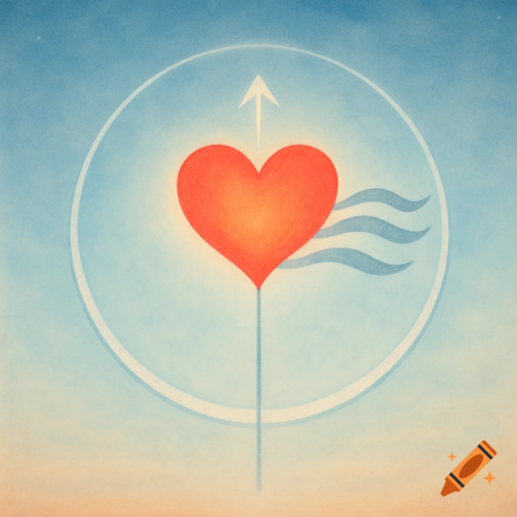 A minimalist, symbolic illustration of a red heart with a stem, an upward arrow, and wavy lines, encircled against a blue and orange gradient background.
