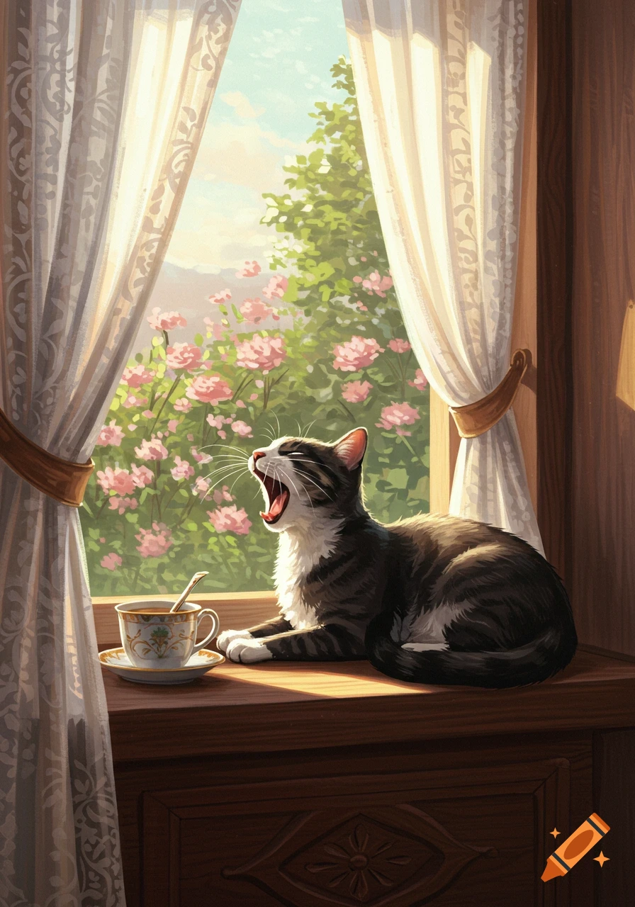A tabby cat yawns on a sunny windowsill next to a teacup, looking out at a garden with pink flowers in an illustrative style.