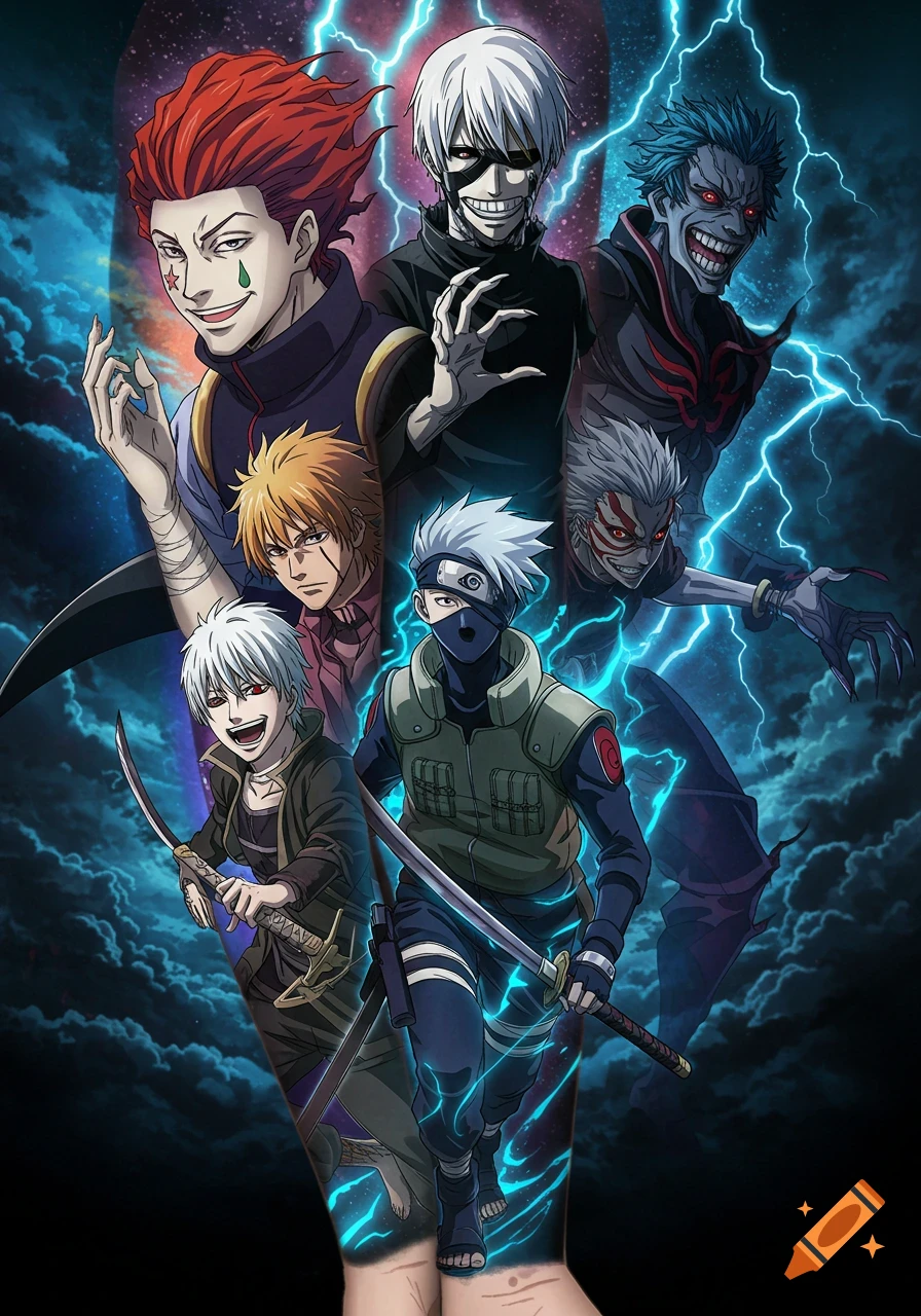 Anime characters Hisoka, Kaneki, Kakashi, and Grimjow with others, surrounded by blue lightning on a dark cloudy background.