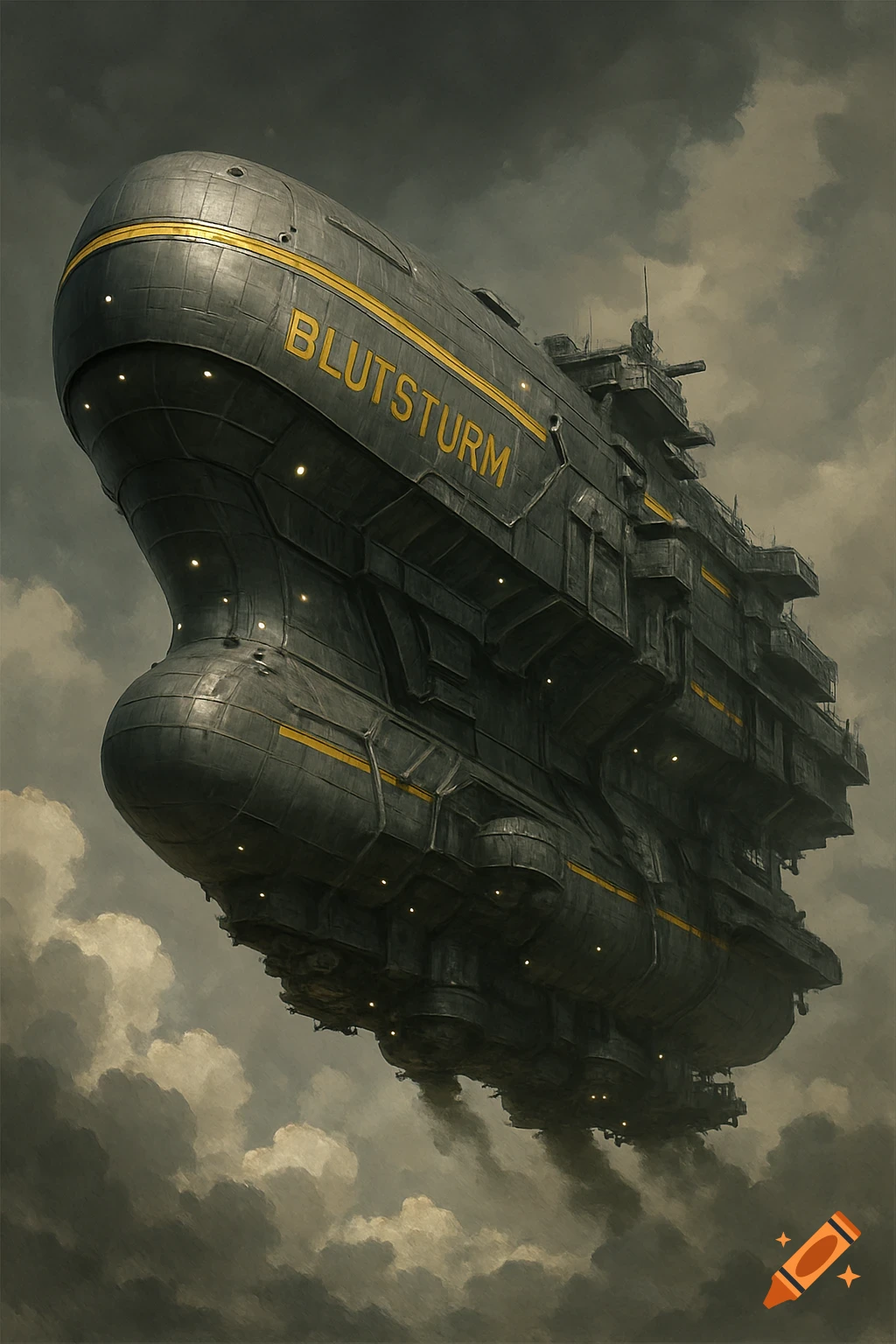 A large, dark grey airship named 'BLUTSTURM' with yellow accents flies through a cloudy, grey sky, emitting smoke.