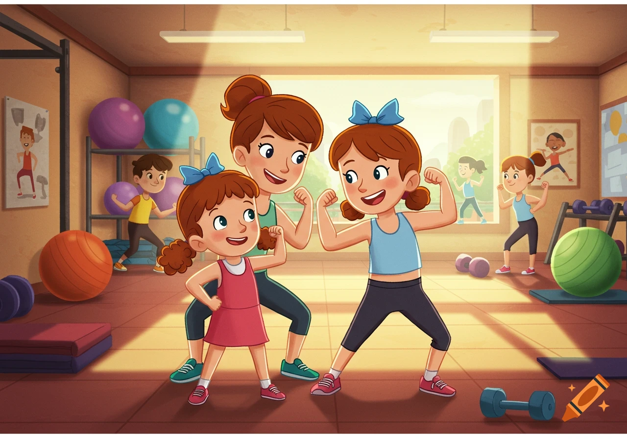 A cartoon mother and two daughters flex their muscles at a gym, smiling. Other children exercise in the background.