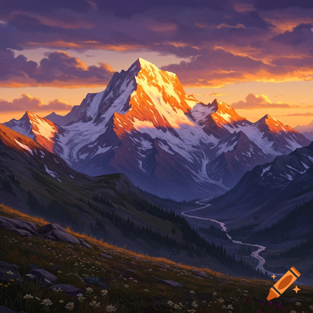 Vibrant, artistic landscape of a snow-capped mountain reflecting golden sunset light, with a winding river in the valley.