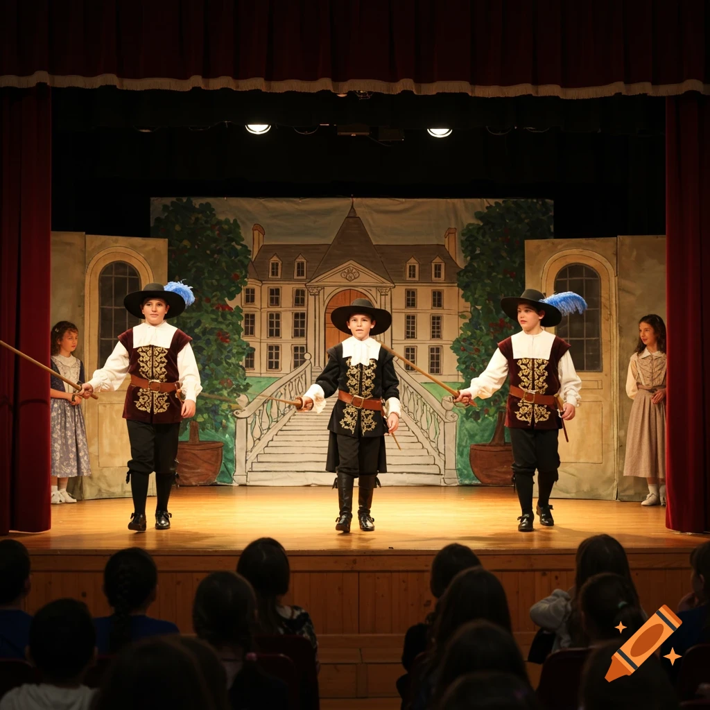Children in musketeer costumes perform a stage play with swords in front of a painted manor house backdrop.