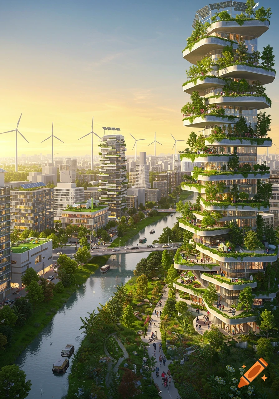 A vibrant, futuristic city with green, plant-covered skyscrapers, a winding river, and wind turbines under a golden sunset.