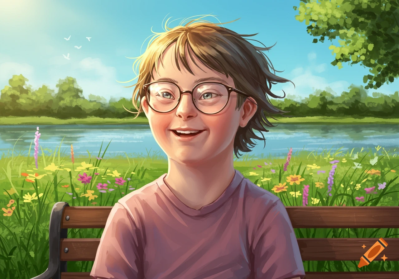 A smiling, illustrated child with Down syndrome and glasses sits on a park bench by a river, surrounded by flowers under a sunny sky.