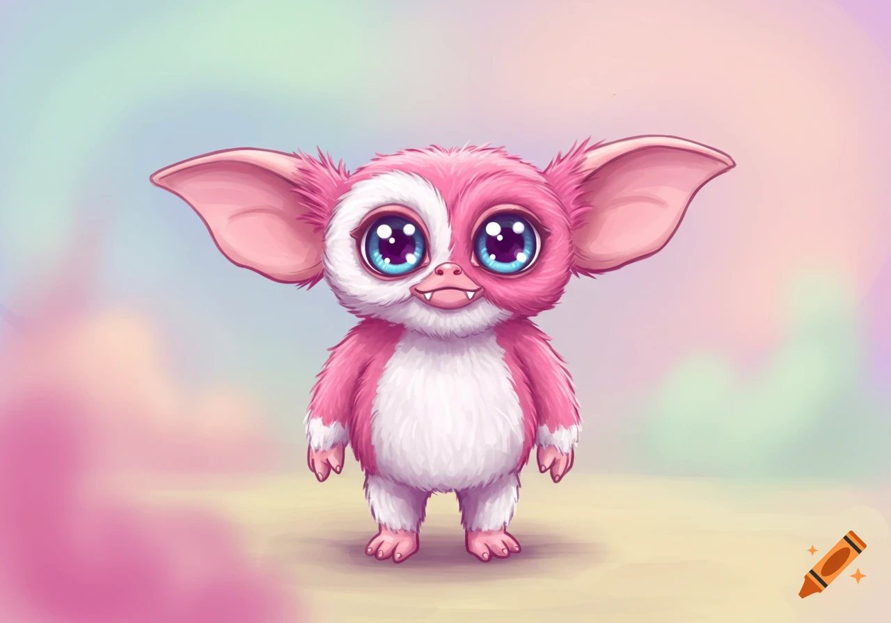 A cute, pink and white cartoon gremlin creature with big blue eyes, small fangs, and fluffy fur stands on two legs against a pastel background.