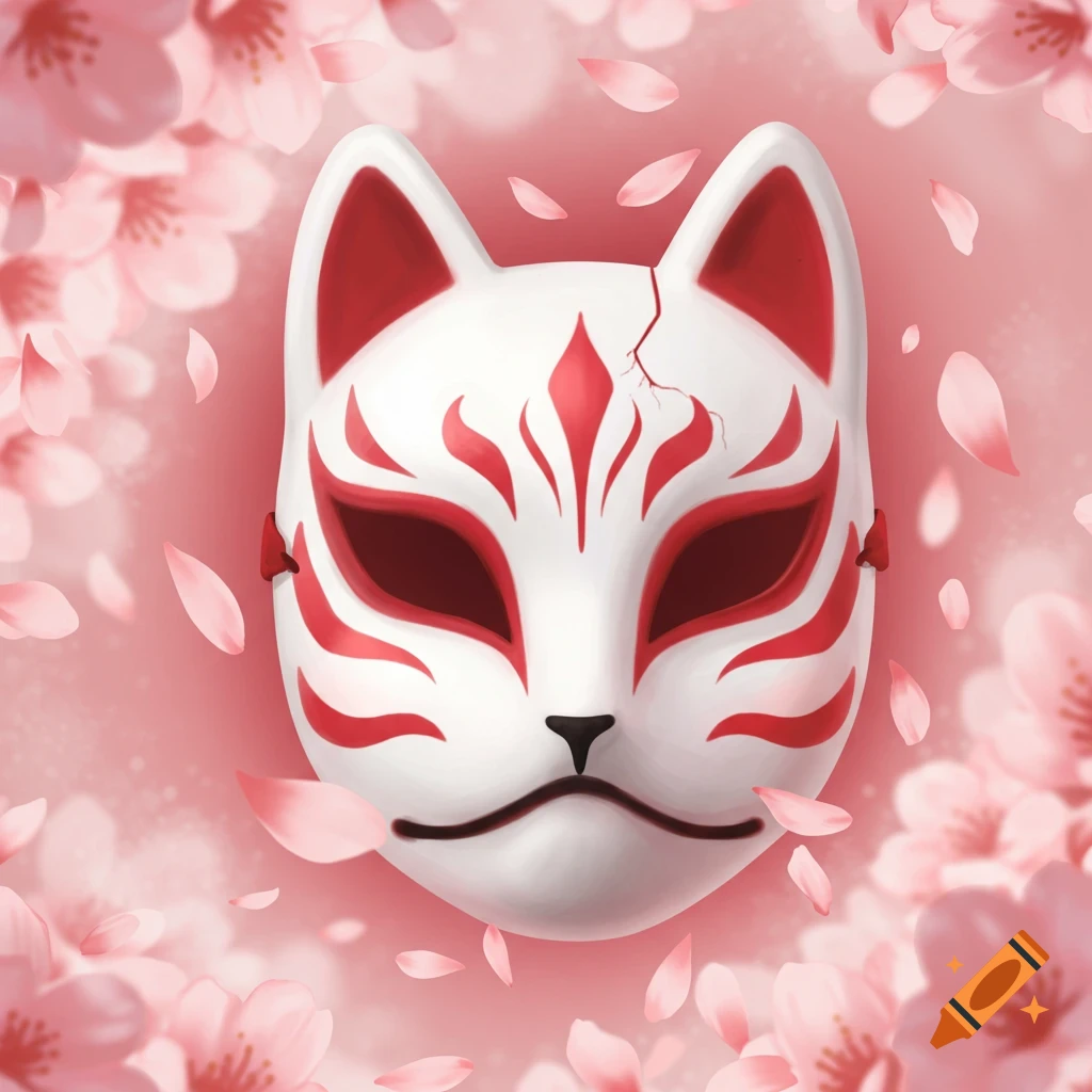 White kitsune mask with red markings and a delicate crack, surrounded by pink sakura flowers and falling petals in a kawaii style.