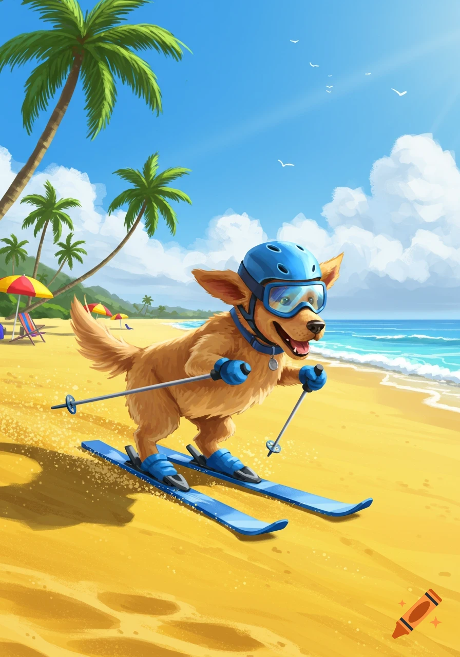 A happy cartoon dog in a blue helmet and goggles skis on a sunny tropical beach with palm trees and ocean.
