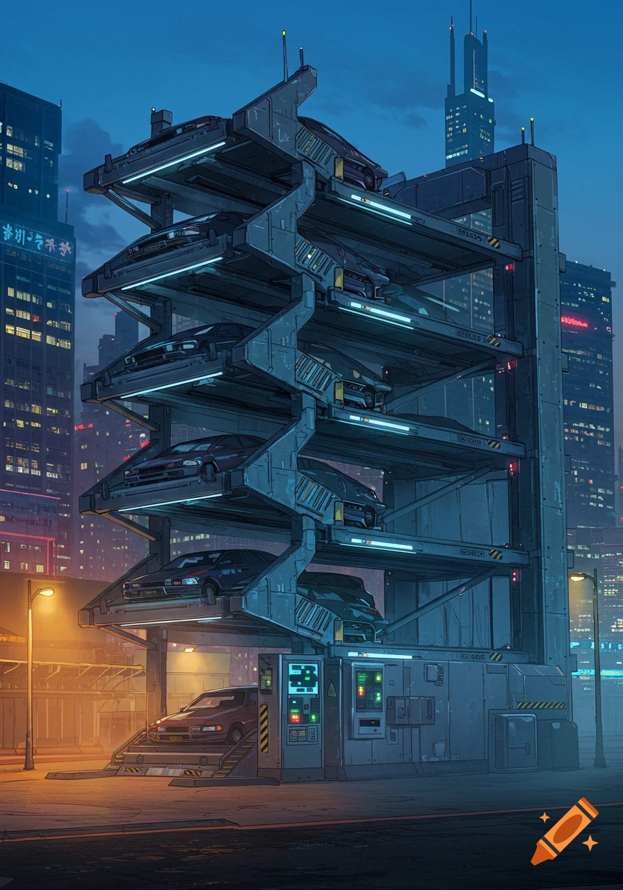 A stylized cyberpunk illustration of a multi-level automated parking garage filled with cars, set against a dark city skyline at night.