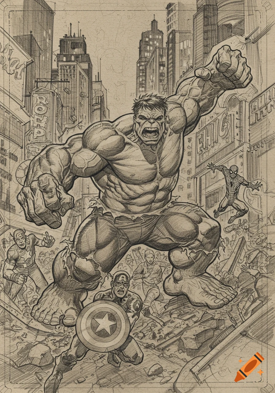 A pencil sketch of Hulk smashing a city with Captain America and Spider-Man nearby.