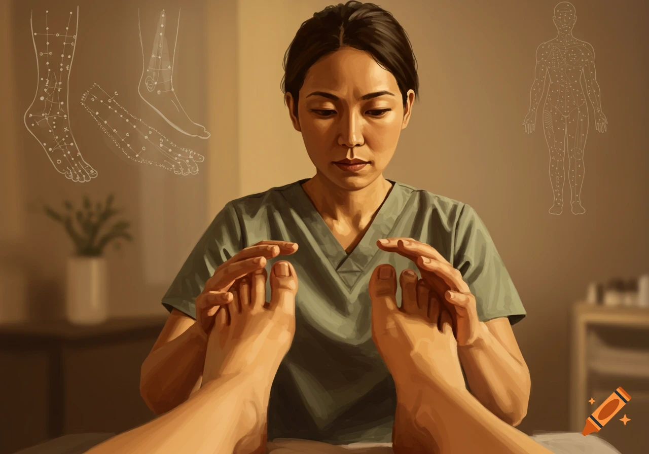 A reflexologist with hands hovering over a client's feet in a warm, focused illustration, with transparent reflexology charts in the background.