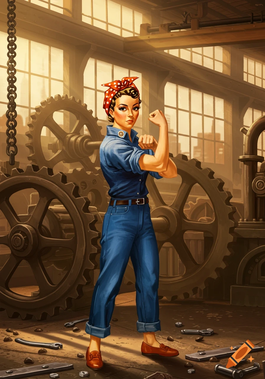 An illustration of Rosie the Riveter in a factory, flexing her bicep in a classic pose, wearing blue work clothes and red flat shoes.