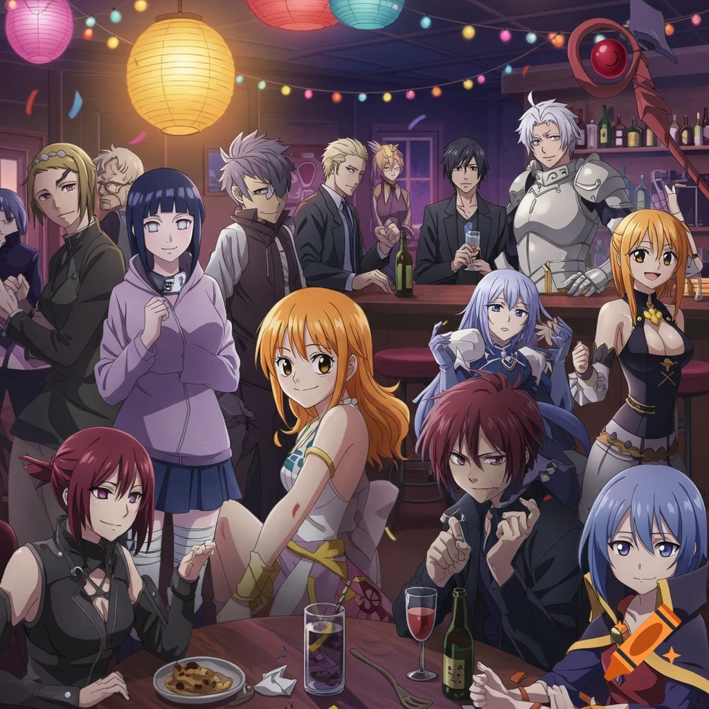 A large group of anime characters, including Hinata, Nami, Artoria, and Erza, gather in a lively bar with lanterns and drinks.