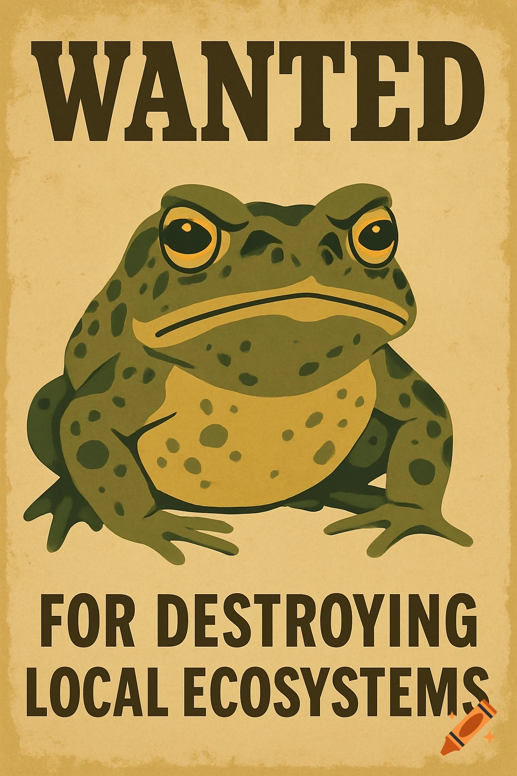 Cartoon wanted poster of a green toad with large yellow eyes on a tan background, text reads 'WANTED FOR DESTROYING LOCAL ECOSYSTEMS'.