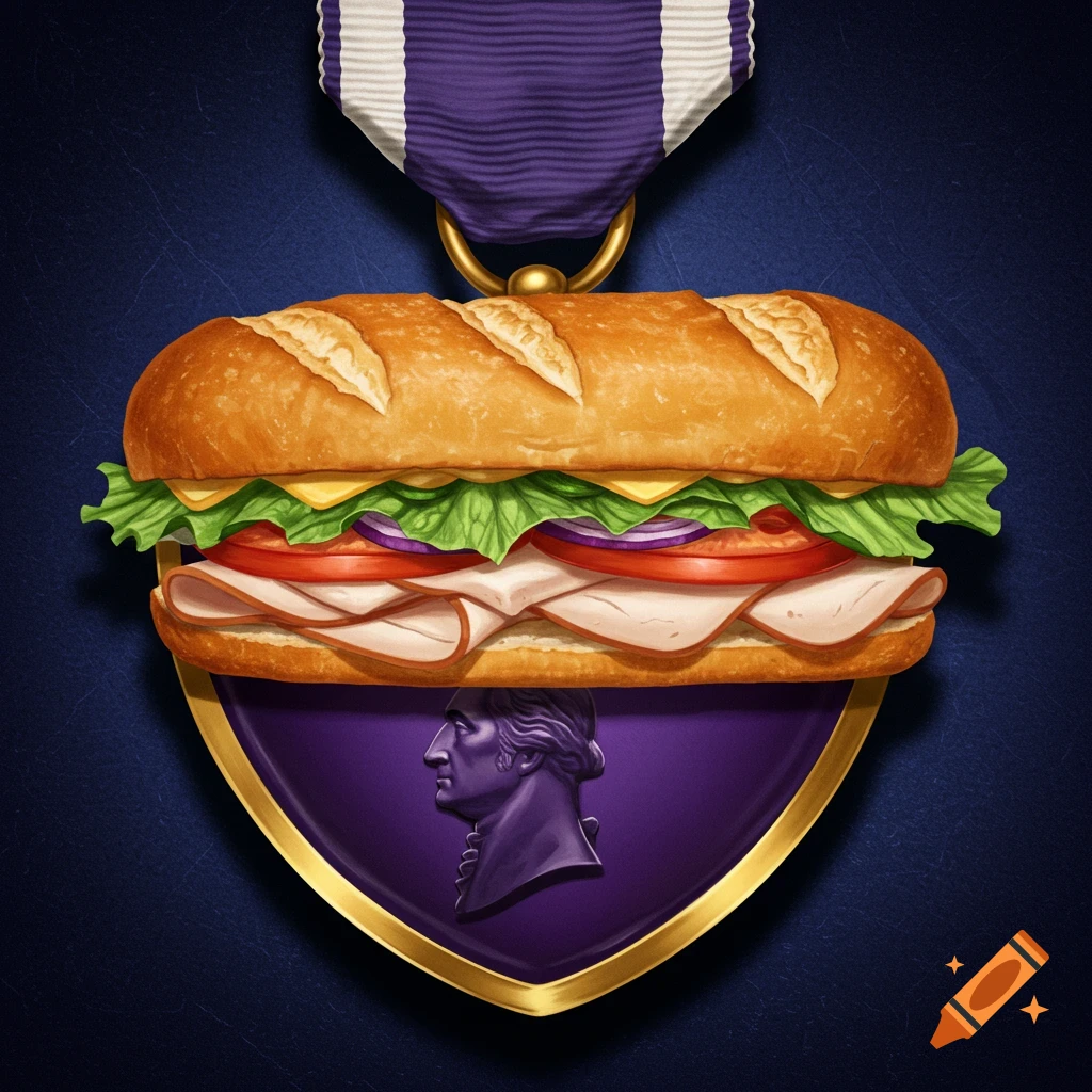 Realistic illustration of a large sub sandwich replacing the center of a purple and gold Purple Heart medal with its ribbon.