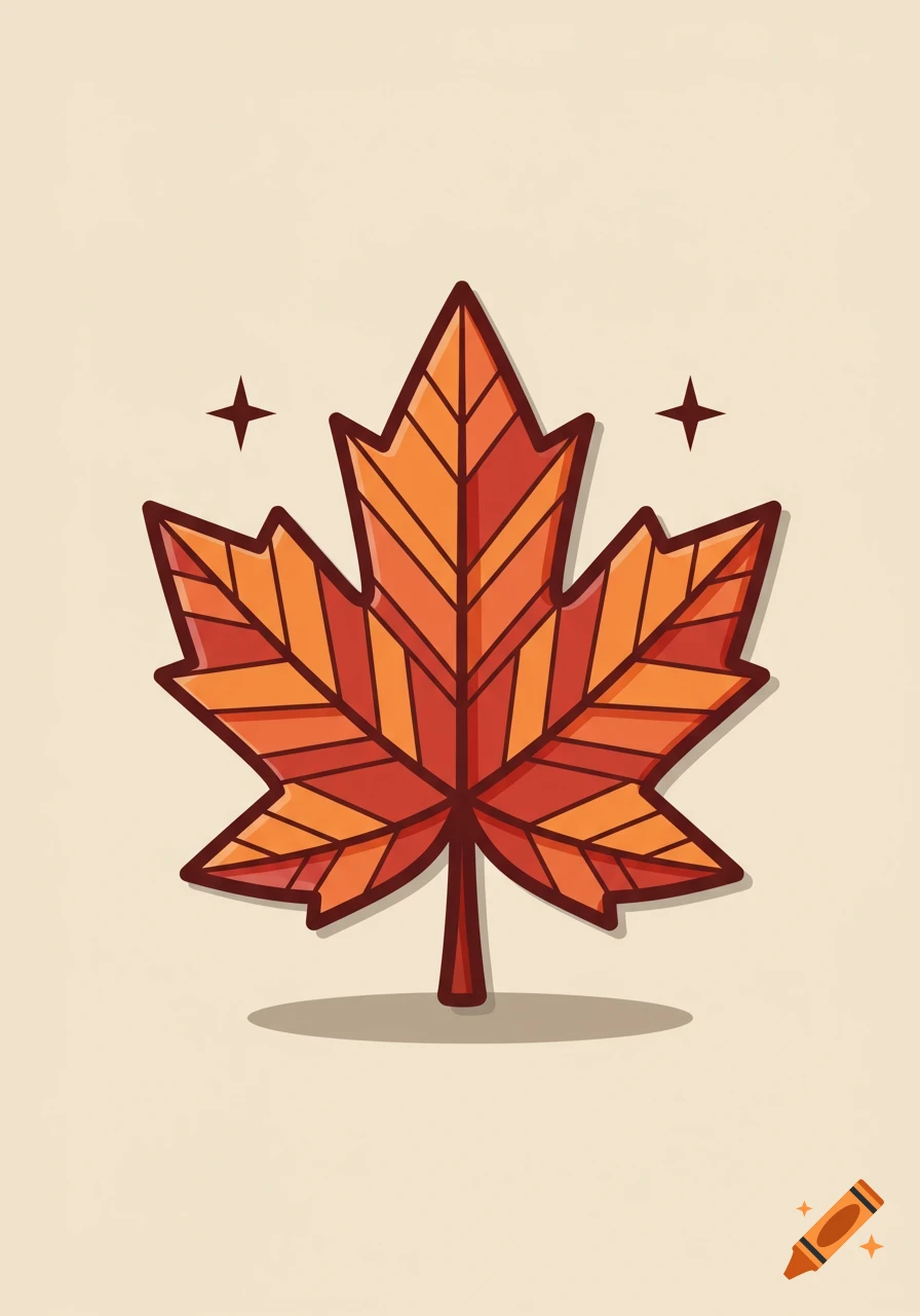 A stylized orange and red maple leaf illustration with a brown outline and two small brown stars on a light beige background.