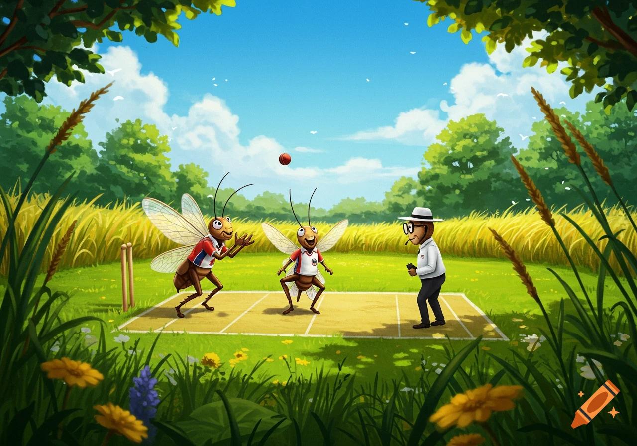 Vibrant cartoon of anthropomorphic crickets playing cricket in a sunny, grassy field with an umpire.