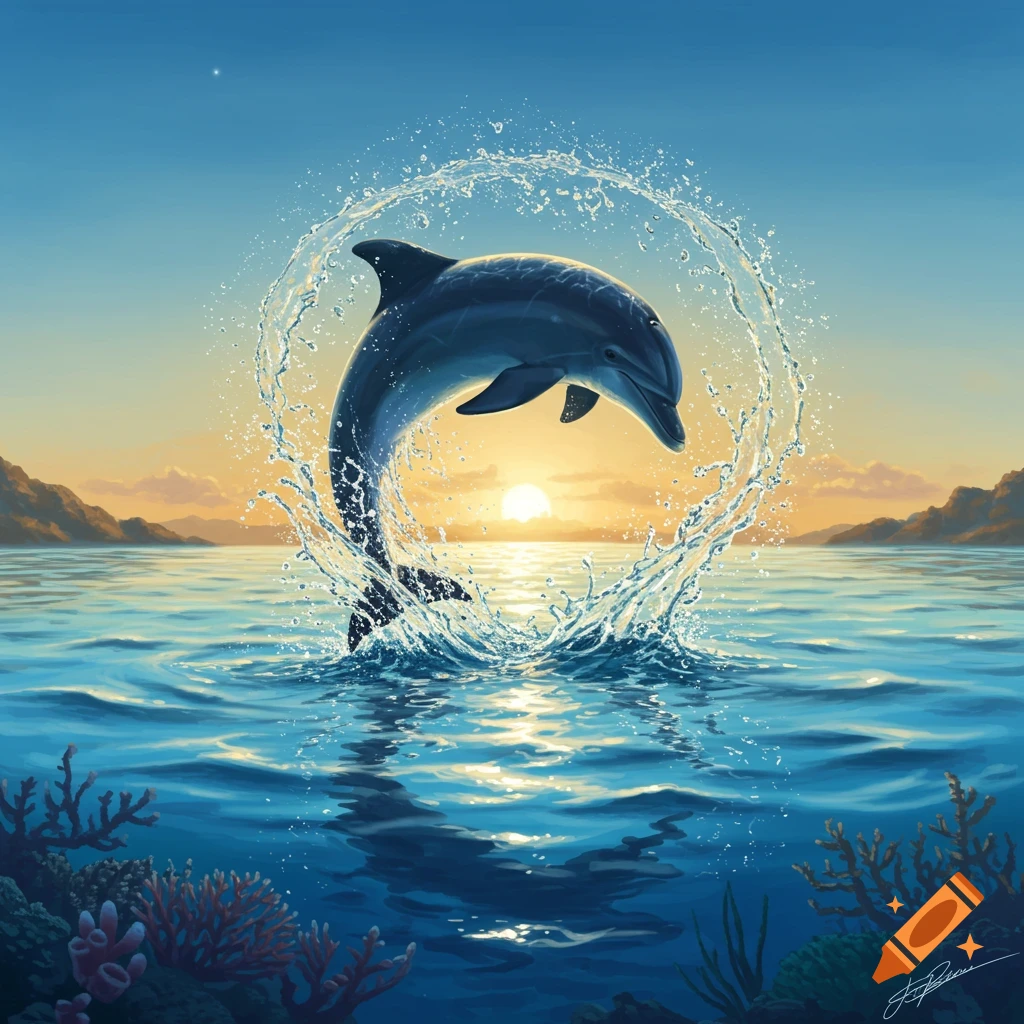A painterly illustration of a dolphin leaping from the ocean in a circular splash at sunset, with coral visible underwater.