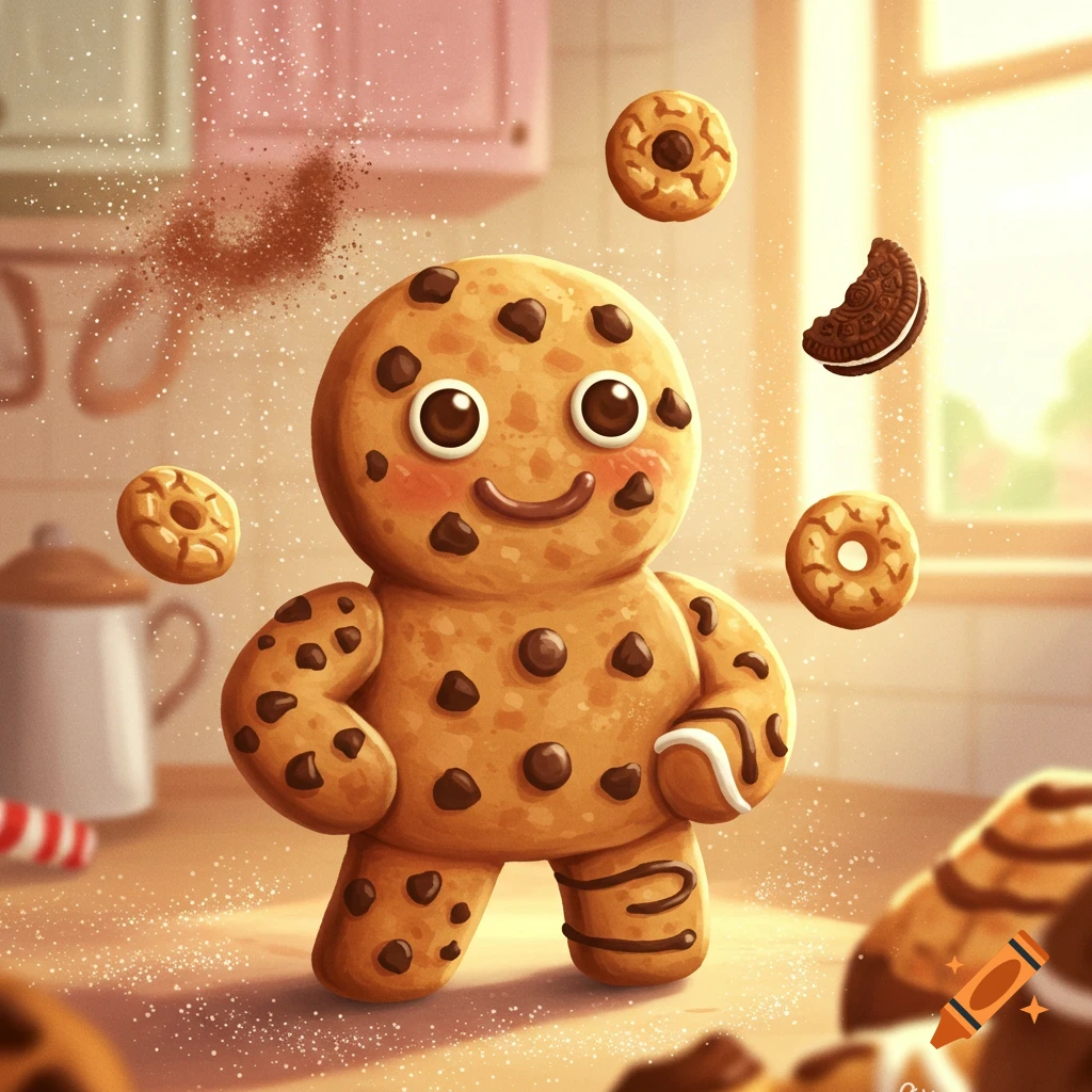 A smiling, cartoon chocolate chip cookie man in a sunlit kitchen with floating cookies and sprinkles.