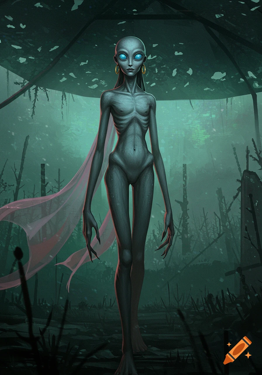 A gaunt grey alien humanoid with bright blue eyes, long fingers, and golden earrings stands in a dark, misty forest, digital painting.