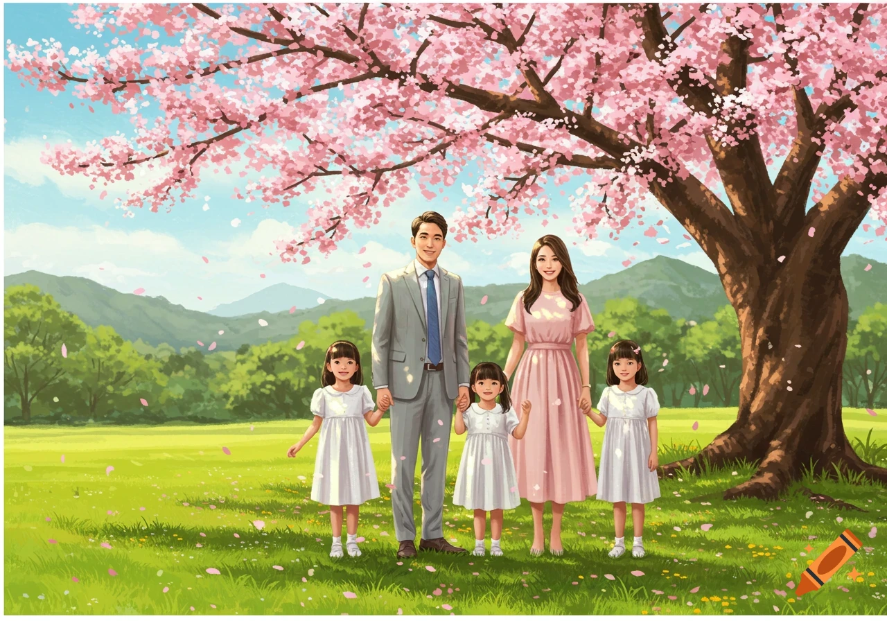 An illustrated family (father, mother, three daughters) smiles under a cherry blossom tree in a vibrant green field.