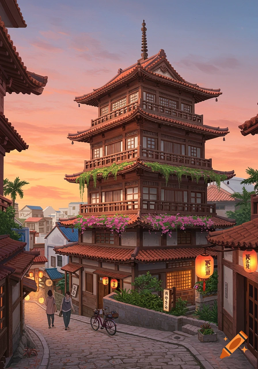 Illustrated Japanese street scene at sunset with a multi-level wooden pagoda, cobblestone path, two people, and glowing lanterns.