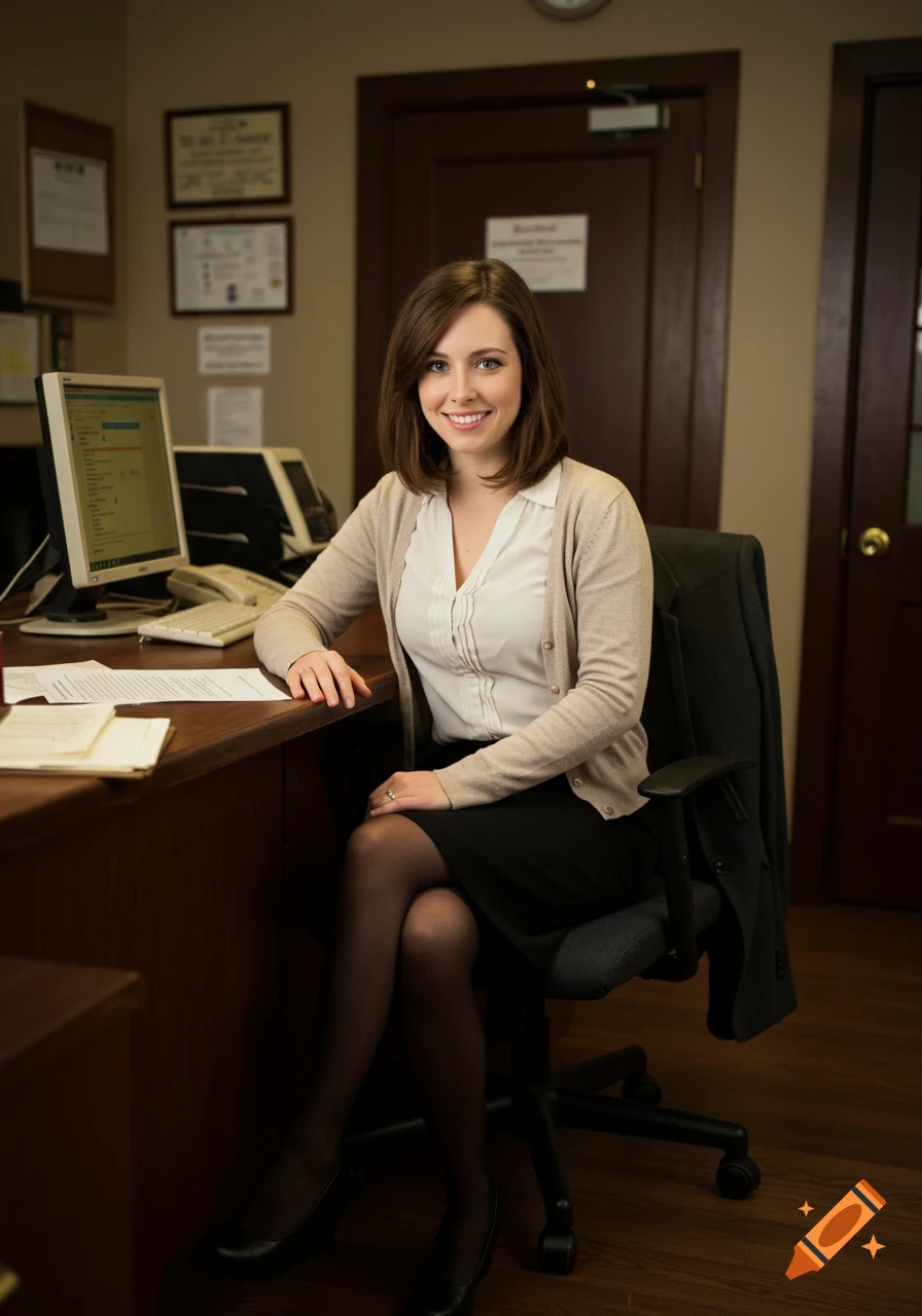 Photorealistic portrait of a smiling woman with brown hair, wearing a white blouse and beige cardigan, sitting at a desk in an office.
