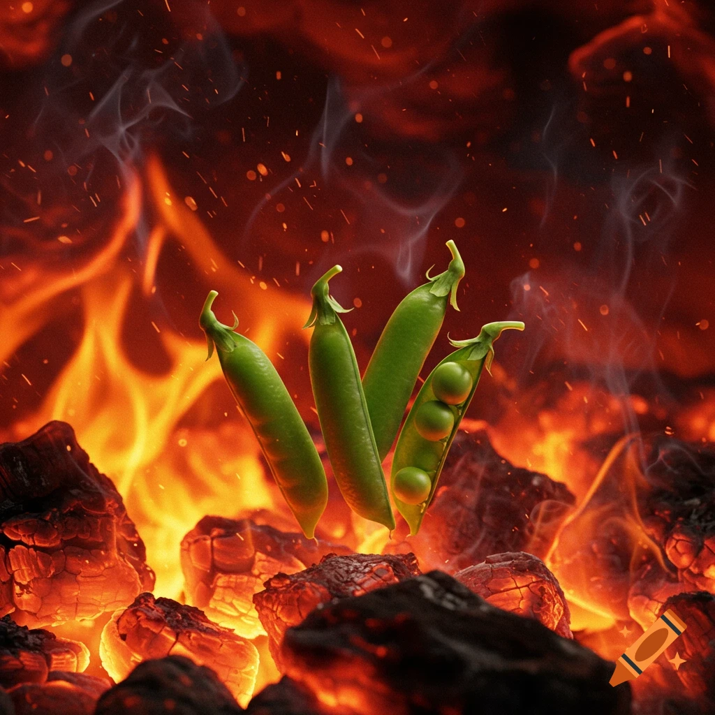 Photorealistic image of several green pea pods floating above glowing coals and intense flames, with smoke and embers rising.