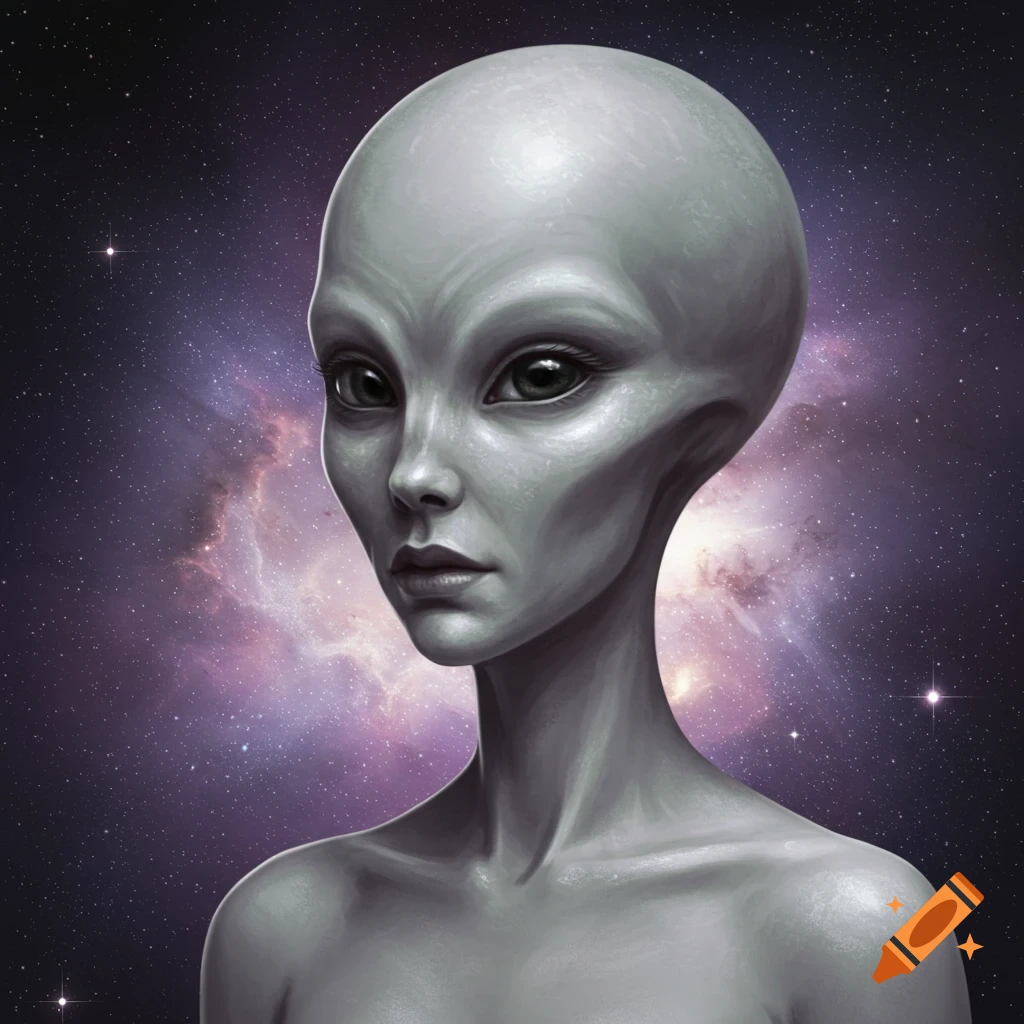 Close-up portrait of a grey alien with large dark eyes and a smooth, egg-shaped head, against a purple nebula and starry sky.